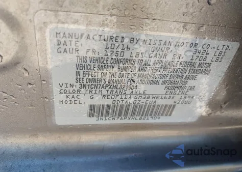 2017 Nissan Versa 1.6 Sv z USA, uszkodzony, nr VIN 3N1CN7APXHL821904